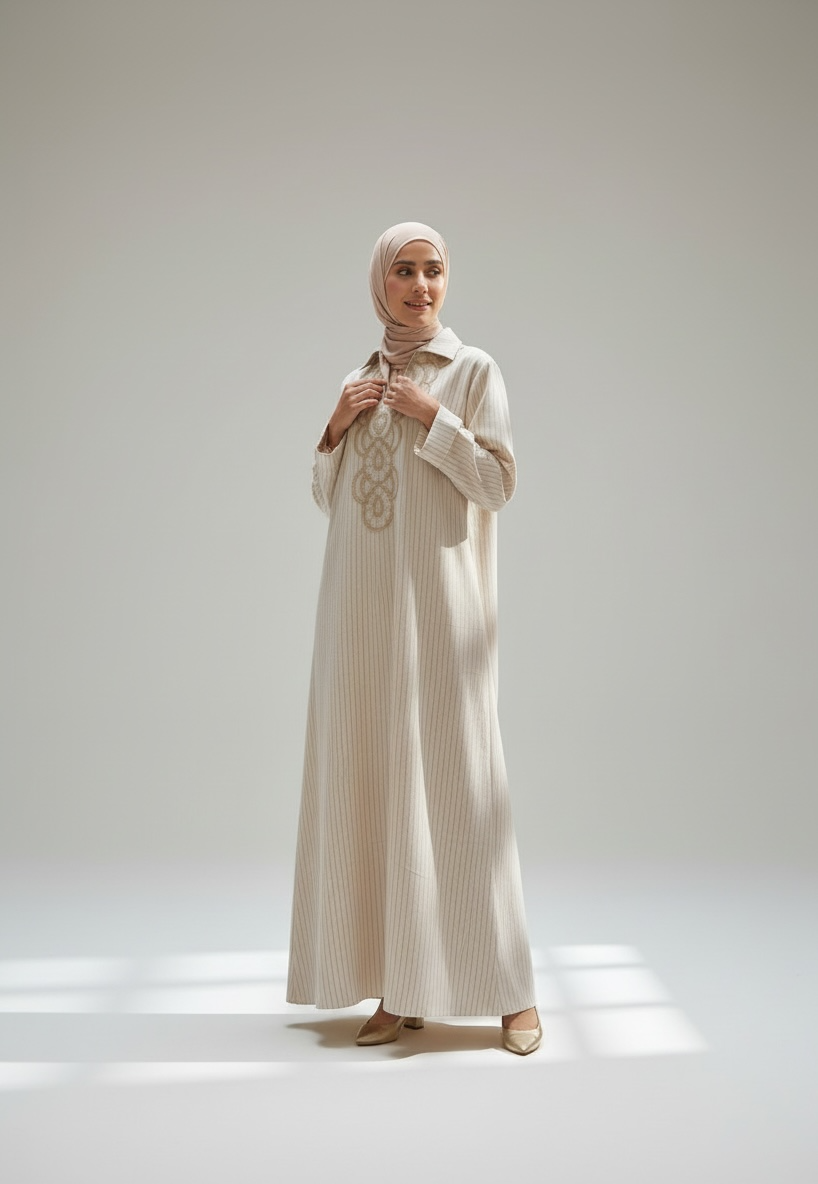 Robe brodrée à rayeurs Biege